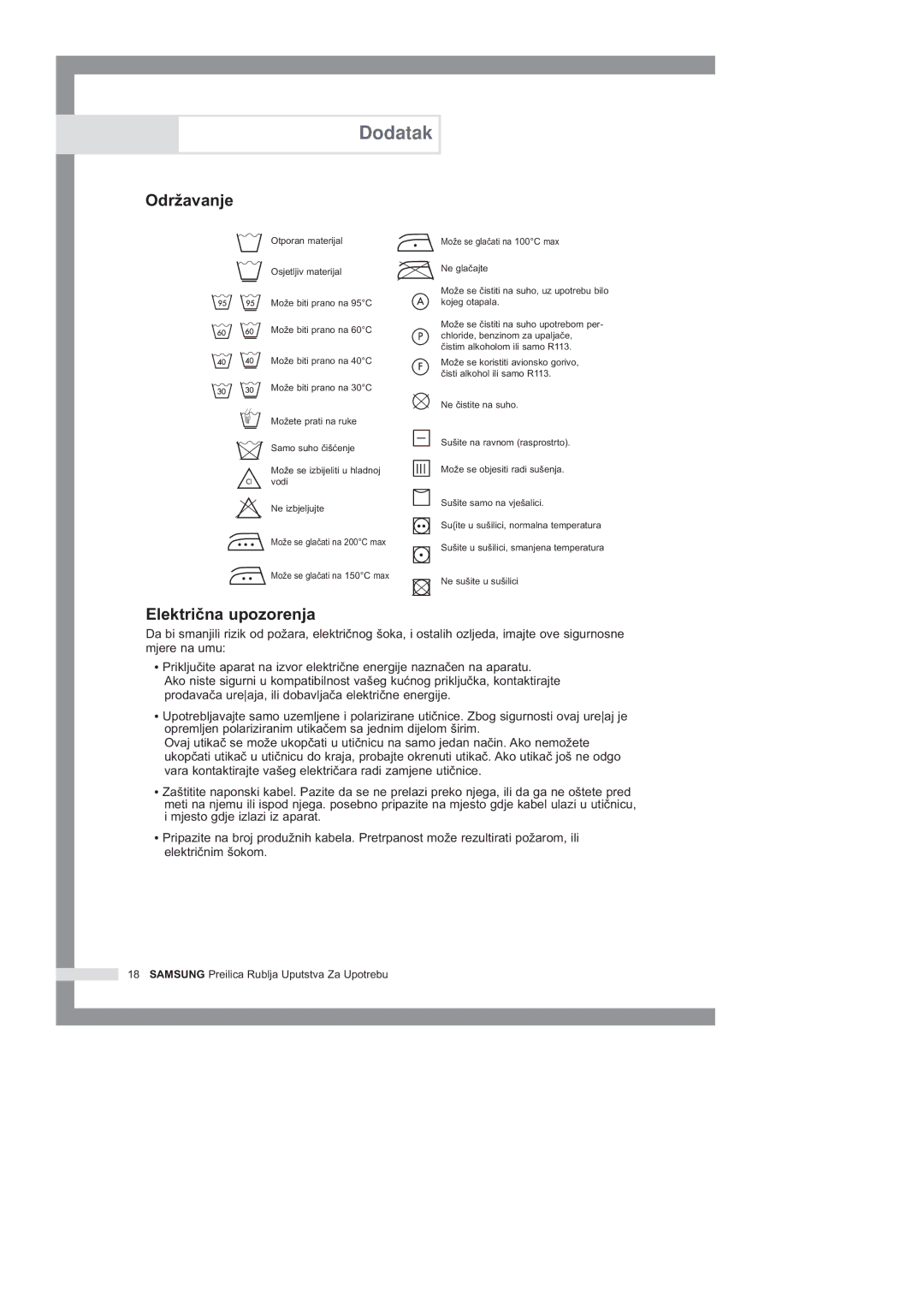 Samsung B1045GW/YLG, B1445GW/YLG, B1245GW/YLG manual Odr¥avanje, Elektriïna upozorenja 