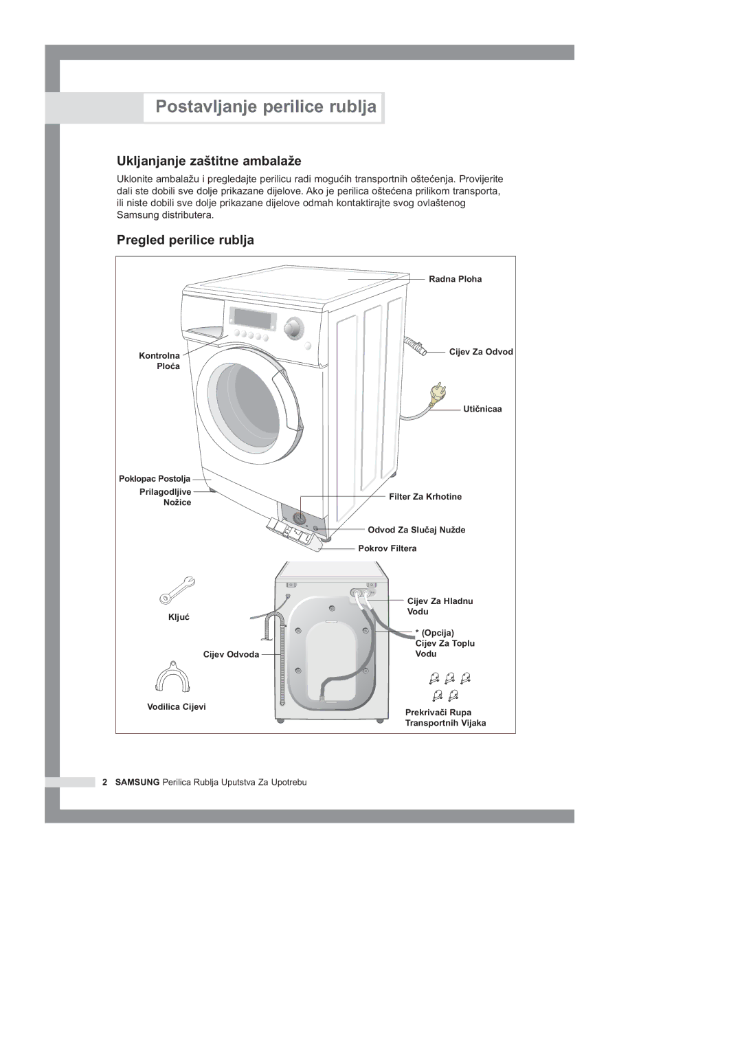 Samsung B1245GW/YLG, B1445GW/YLG manual Postavljanje perilice rublja, Ukljanjanje zatitne ambala¥e, Pregled perilice rublja 