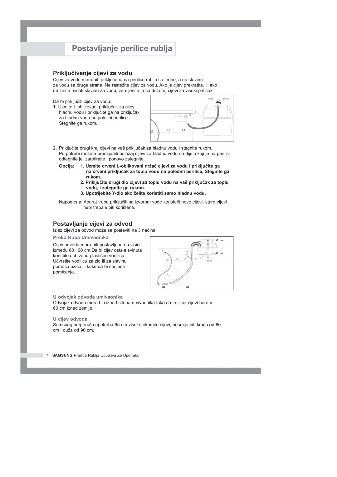 Samsung B1445GW/YLG, B1245GW/YLG, B1045GW/YLG manual Prikljuïivanje cijevi za vodu, Postavljanje cijevi za odvod 