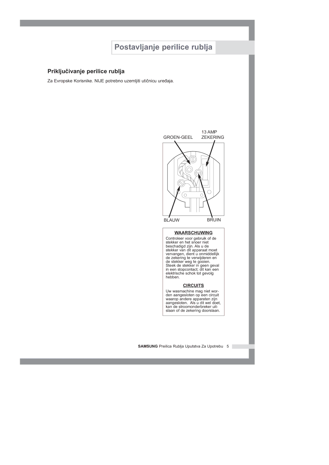 Samsung B1245GW/YLG, B1445GW/YLG, B1045GW/YLG manual Prikljuïivanje perilice rublja, Waarschuwing 