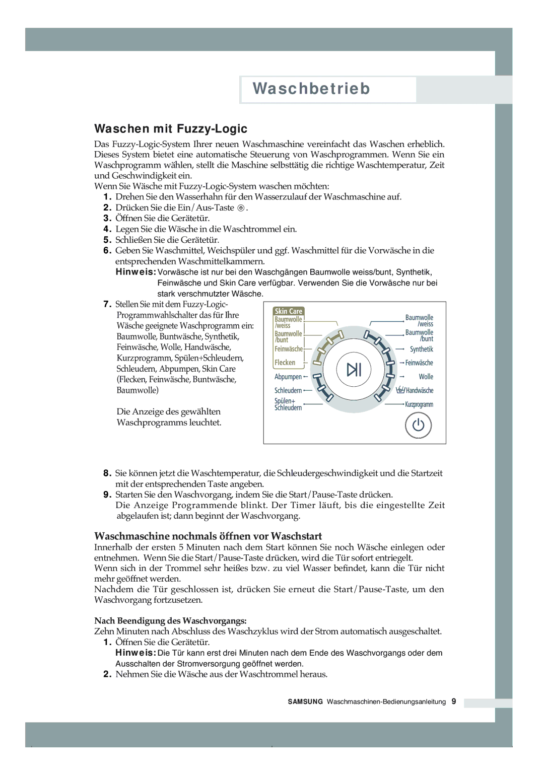 Samsung B1265AVGW/XEG, B1465AVGW/XEG manual Waschen mit Fuzzy-Logic, Nach Beendigung des Waschvorgangs 