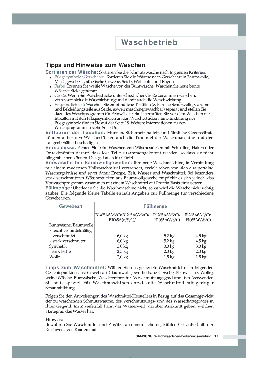 Samsung B1265AVGW/XEG, B1465AVGW/XEG manual Tipps und Hinweise zum Waschen 