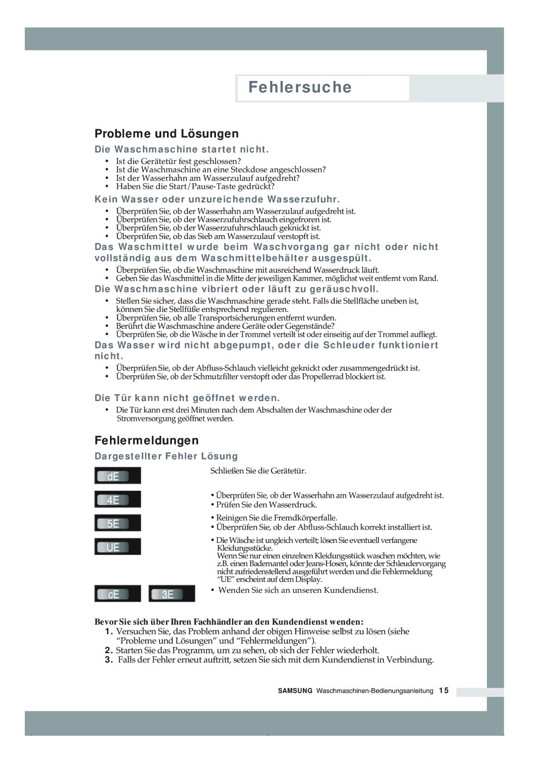 Samsung B1265AVGW/XEG, B1465AVGW/XEG manual Fehlersuche, Probleme und Lösungen, Fehlermeldungen 