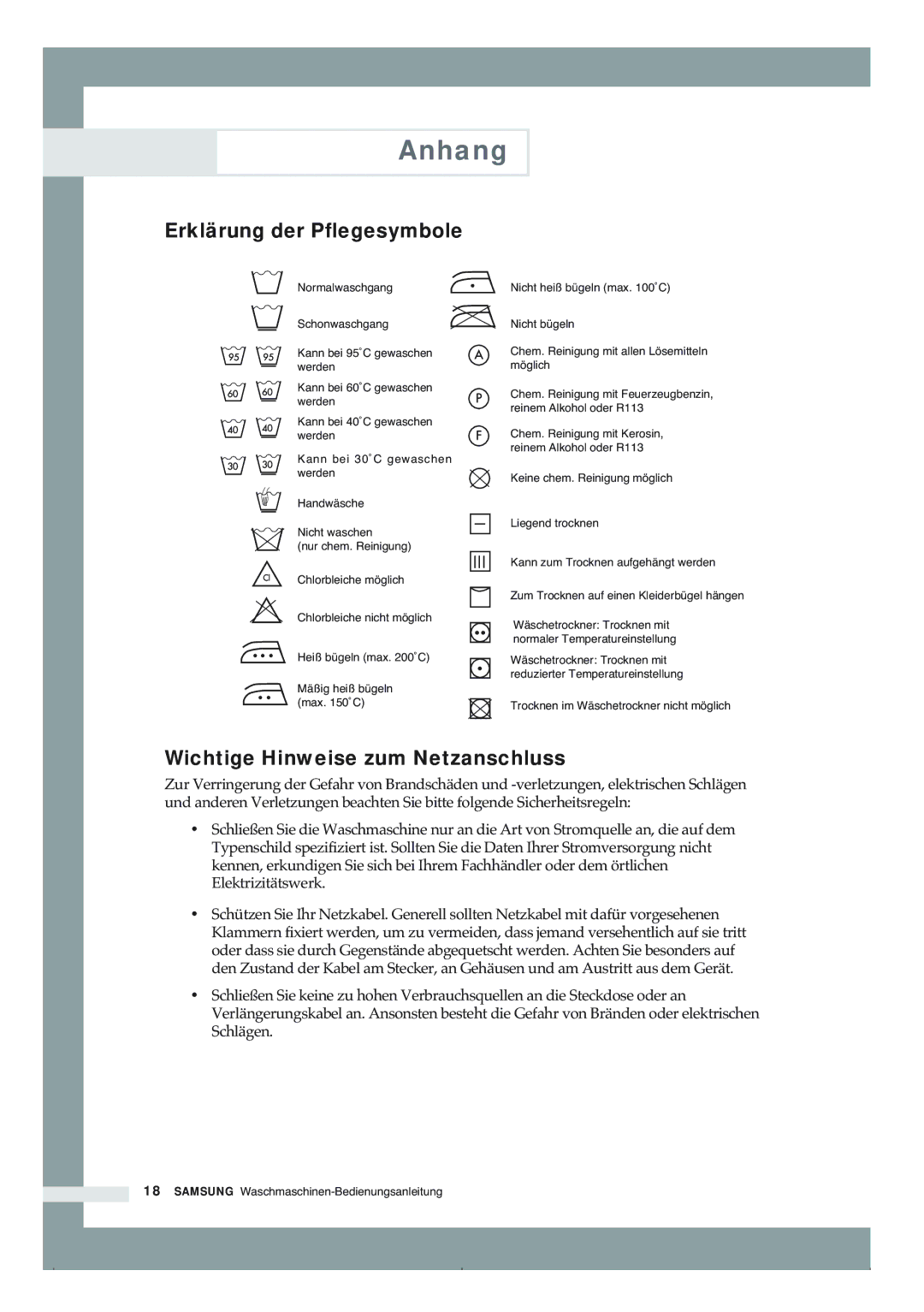 Samsung B1465AVGW/XEG, B1265AVGW/XEG manual Anhang, Erklärung der Pflegesymbole, Wichtige Hinweise zum Netzanschluss 