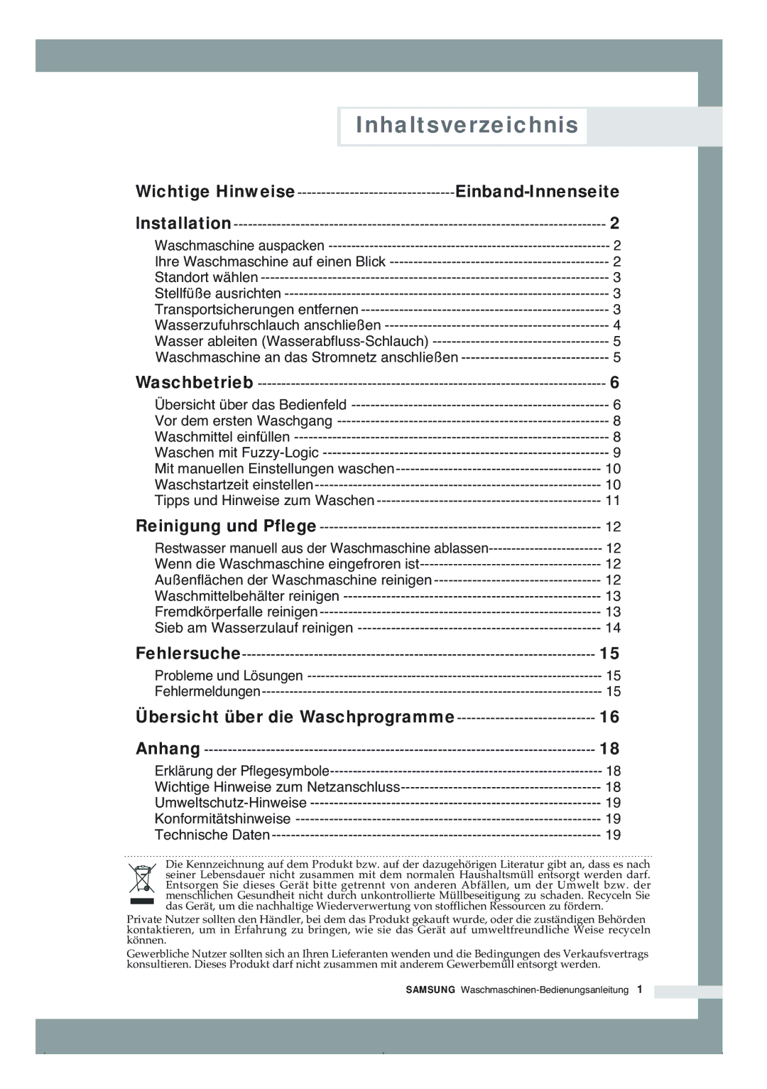 Samsung B1265AVGW/XEG, B1465AVGW/XEG manual Inhaltsverzeichnis, Einband-Innenseite, Übersicht über die Waschprogramme 