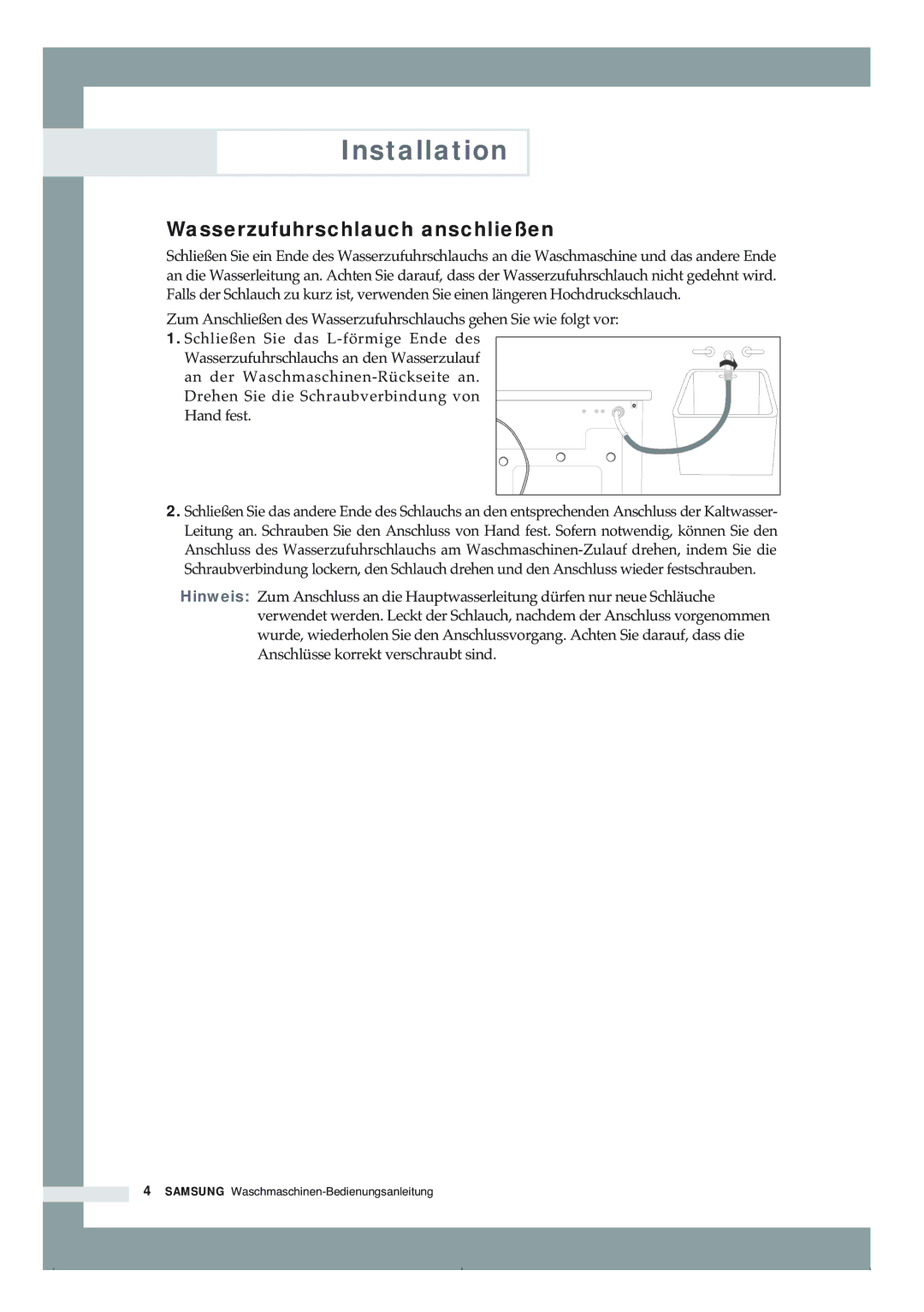 Samsung B1465AVGW/XEG, B1265AVGW/XEG manual Wasserzufuhrschlauch anschließen 