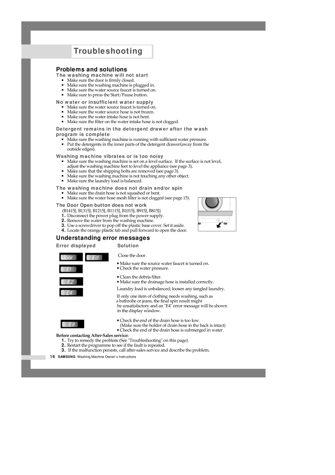 Samsung B1515J manual Troubleshooting, Problems and solutions, Understanding error messages 