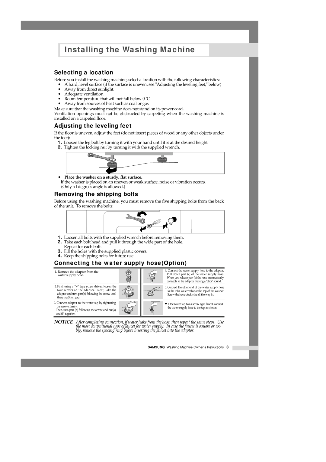 Samsung B1515J manual Selecting a location, Adjusting the leveling feet, Removing the shipping bolts 