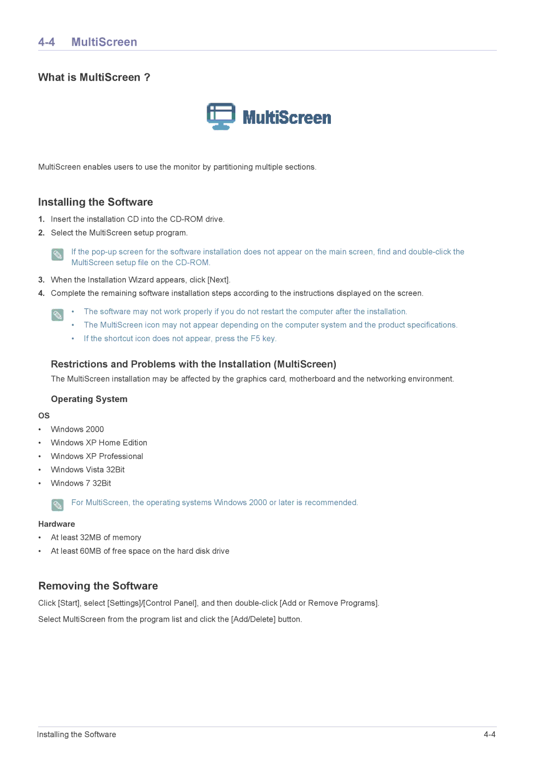 Samsung B1940ER user manual Restrictions and Problems with the Installation MultiScreen 