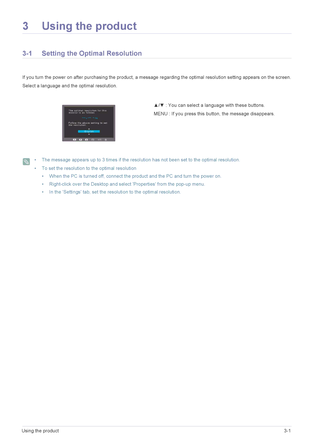 Samsung B1940ER user manual Using the product, Setting the Optimal Resolution 