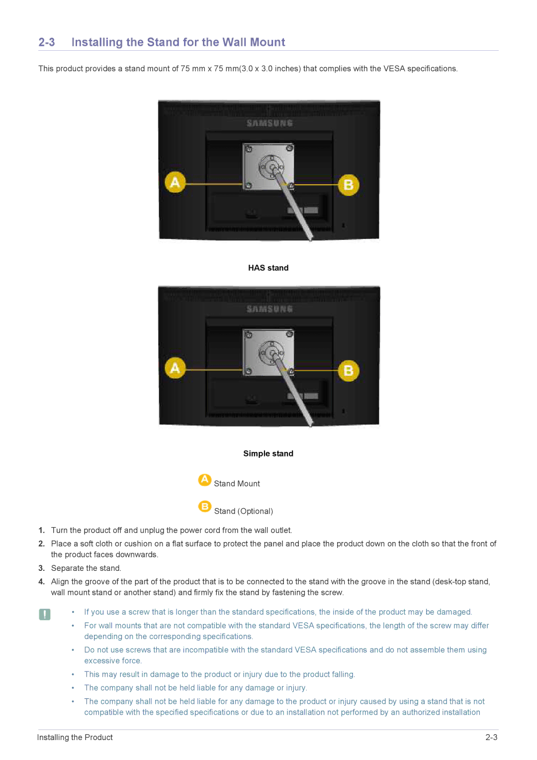 Samsung E2420LX, B1940EW, B1940ER, B2240EW, B2240MH, B2440MH Installing the Stand for the Wall Mount, Has stand Simple stand 