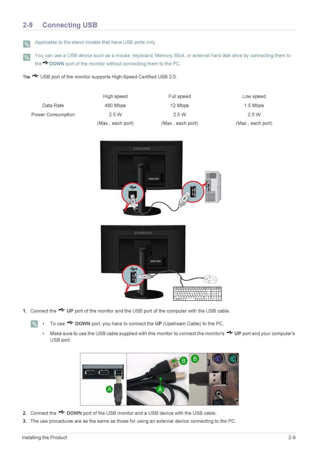 Samsung B2240EMW, B1940EW, B1940ER, B2240EW, B2240MH, B2440MH, BX2340X, EX2020X, E2420LX, E2420NLX, EX1920X Connecting USB 