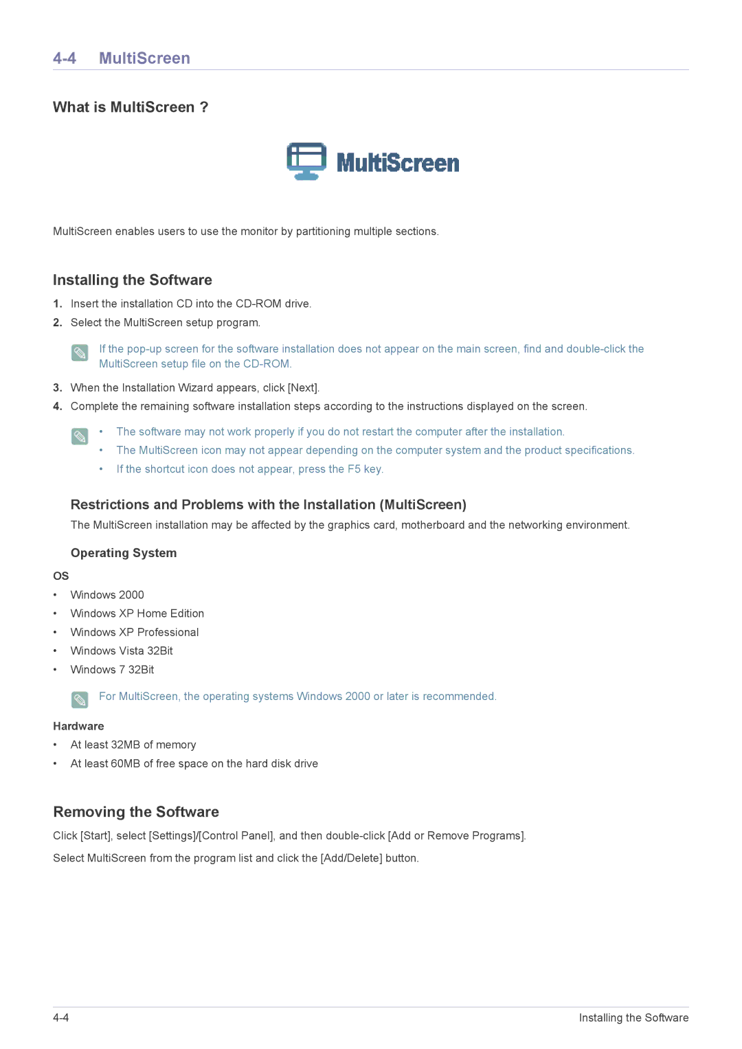 Samsung B2240MWX user manual Restrictions and Problems with the Installation MultiScreen 