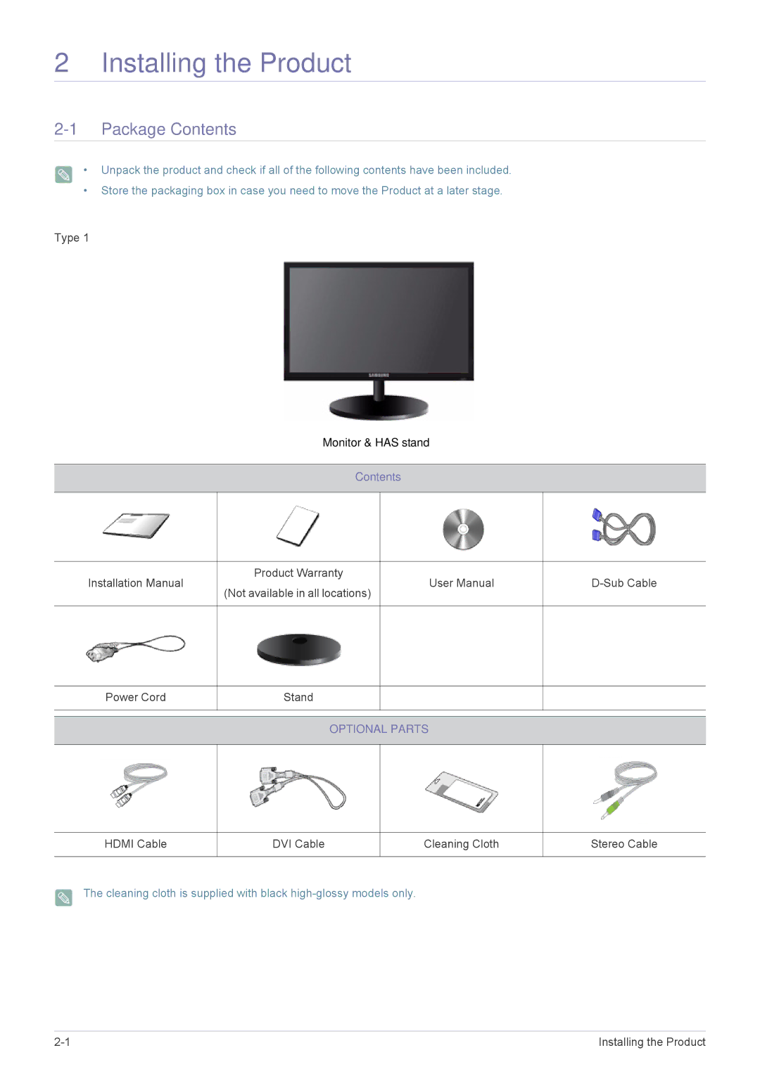 Samsung B2240MWX user manual Installing the Product, Package Contents 