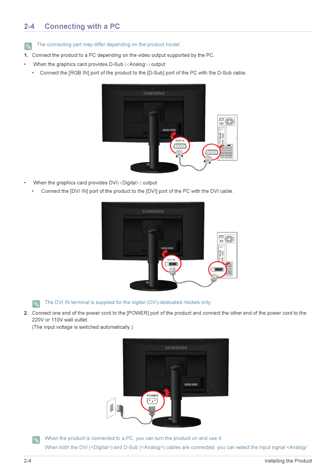 Samsung B2240MWX user manual Connecting with a PC, Connecting part may differ depending on the product model 