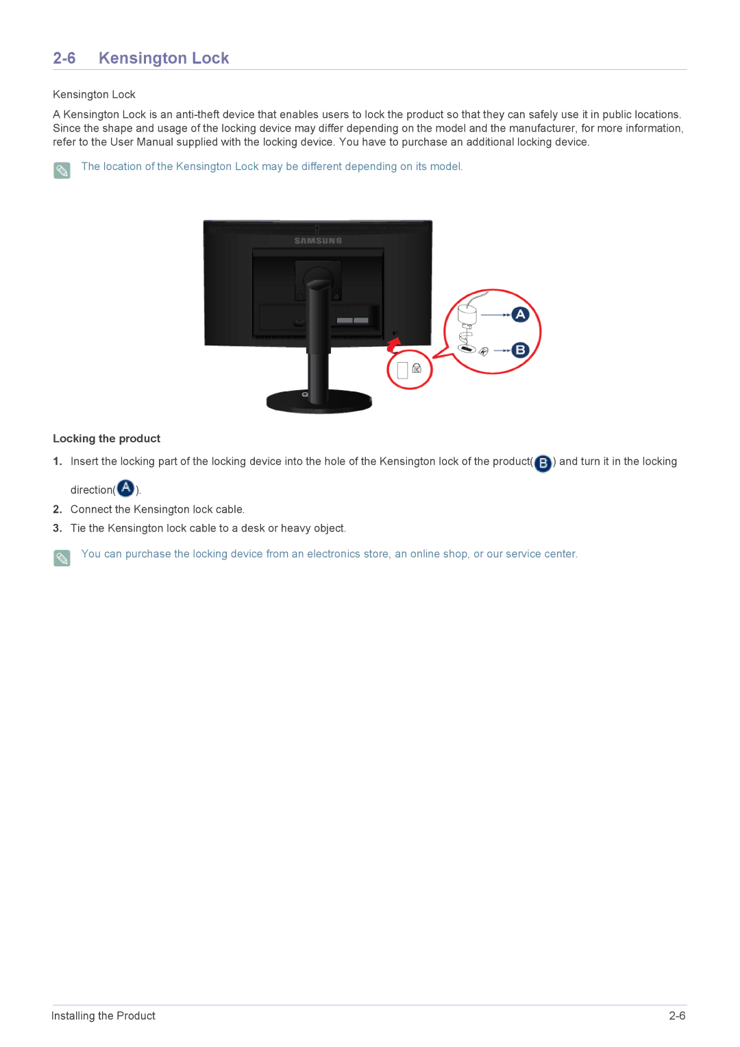 Samsung B2240MWX user manual Kensington Lock, Locking the product 