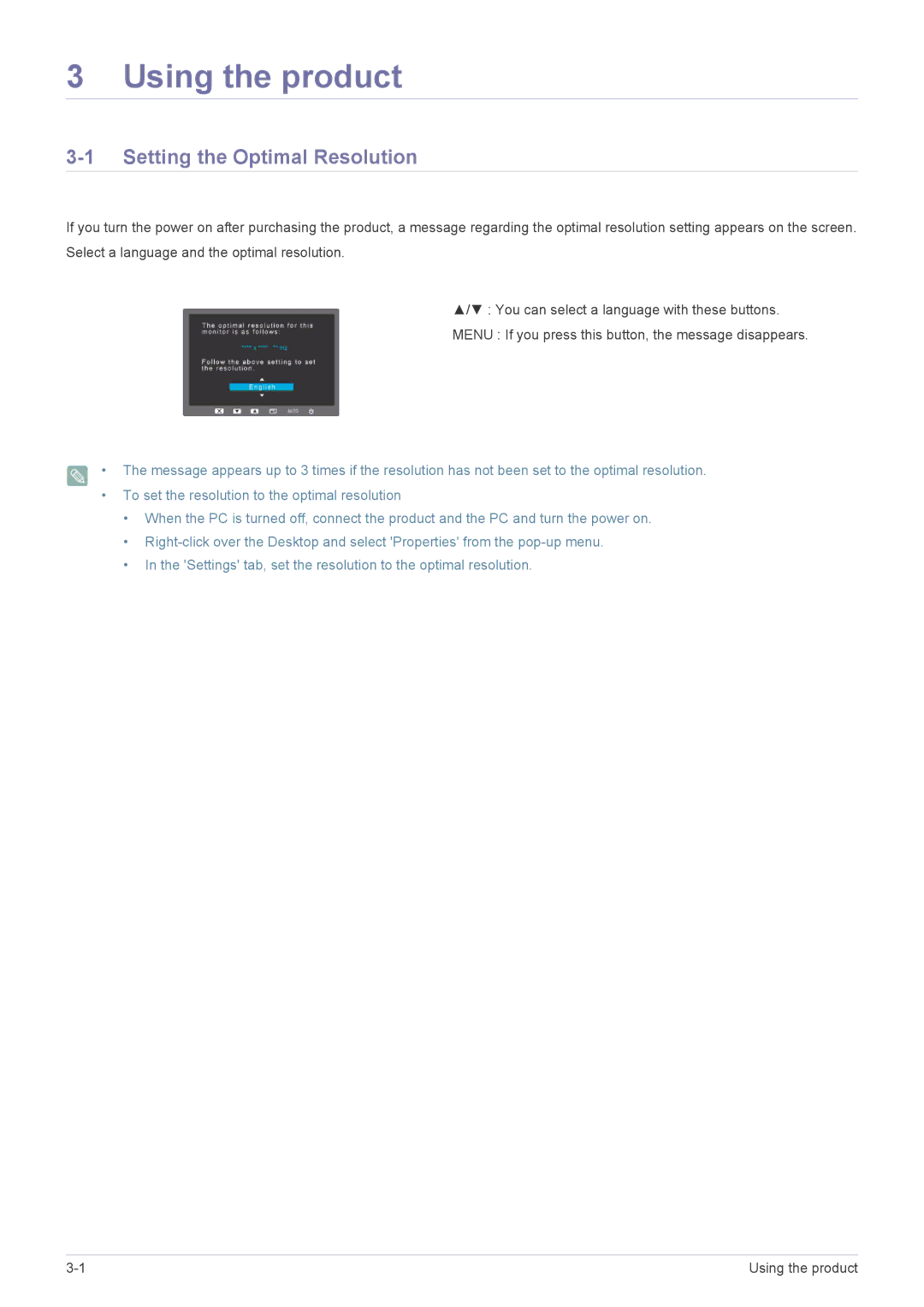 Samsung B2240MWX user manual Using the product, Setting the Optimal Resolution 