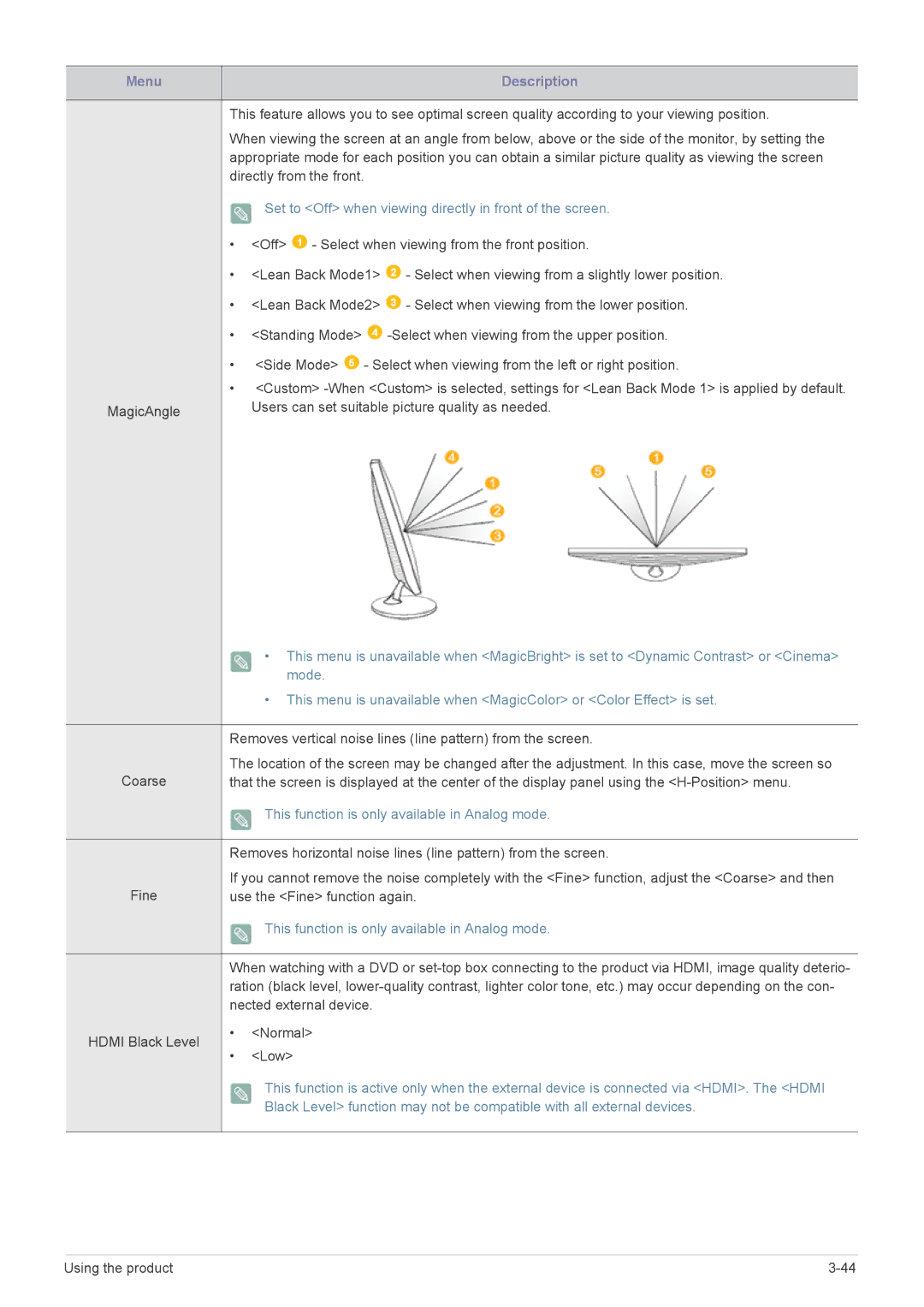 Samsung B2240MWX user manual Set to Off when viewing directly in front of the screen 