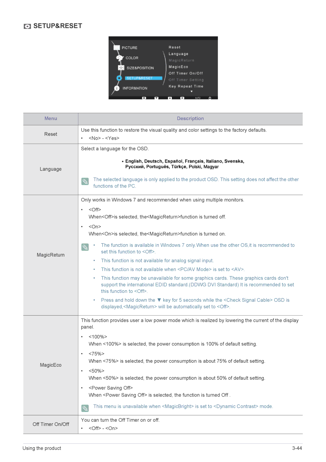 Samsung B2240MWX user manual Setup&Reset 