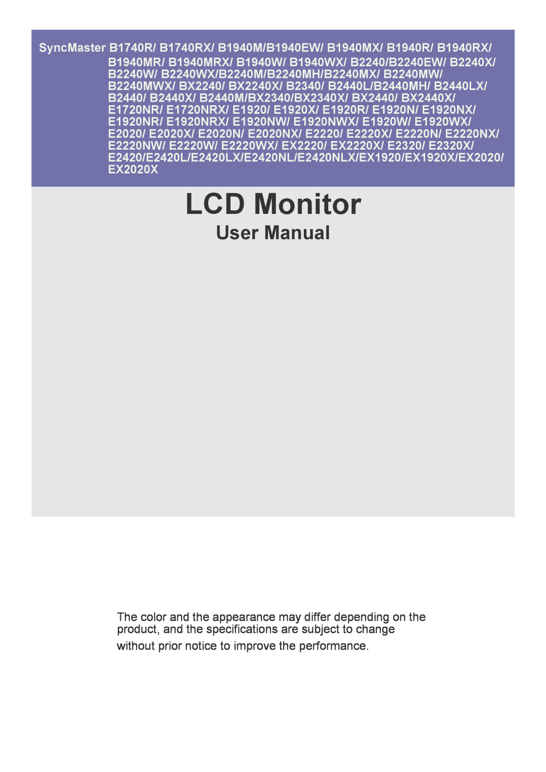Samsung B2240MWX user manual LCD Monitor, User Manual, without prior notice to improve the performance 