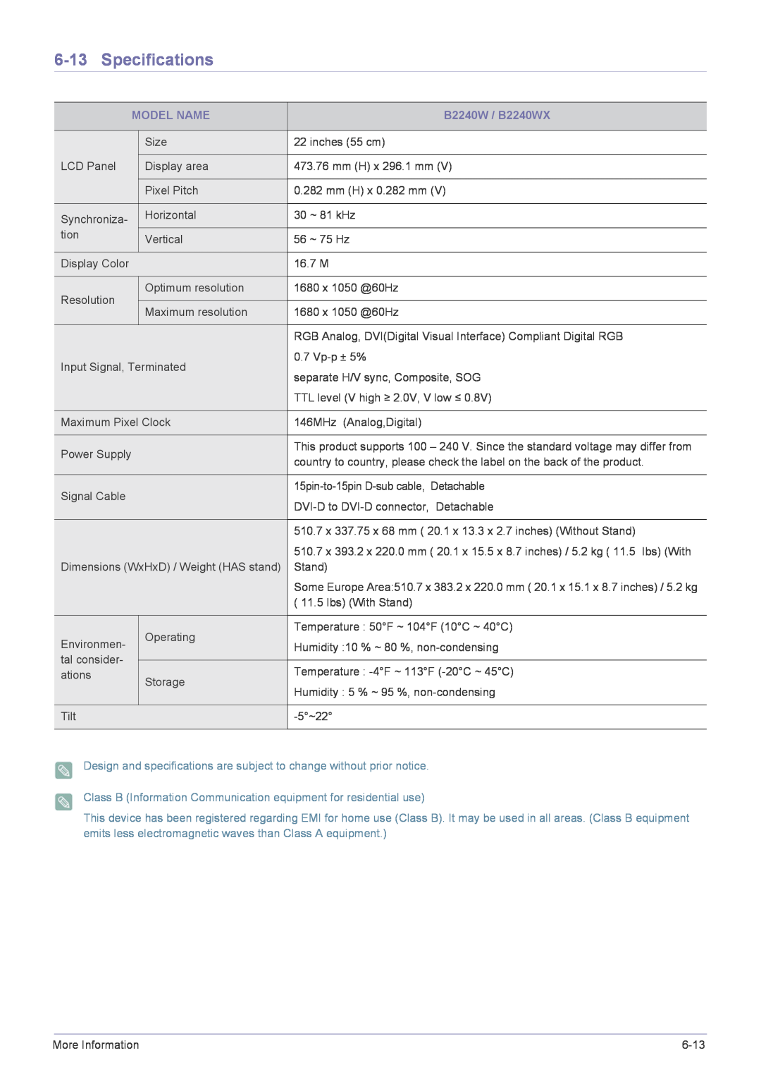 Samsung B2240MWX user manual Specifications, Model Name, B2240W / B2240WX 