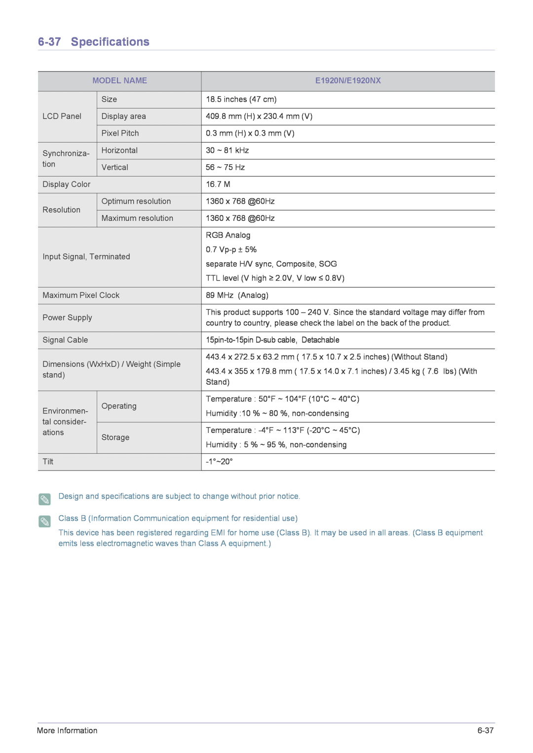 Samsung B2240MWX user manual Specifications, Model Name, E1920N/E1920NX 