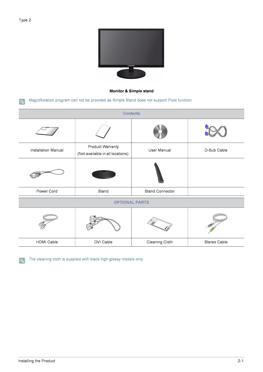 Samsung B2240MWX user manual Monitor & Simple stand, Contents, Optional Parts 