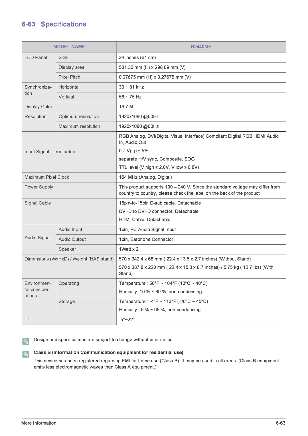 Samsung B2240MWX user manual Specifications, Class B Information Communication equipment for residential use 