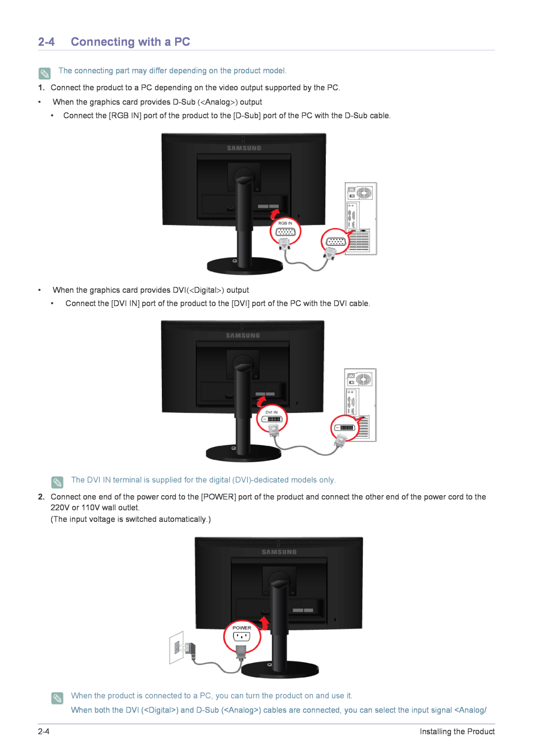 Samsung B2240MWX user manual Connecting with a PC, The connecting part may differ depending on the product model 