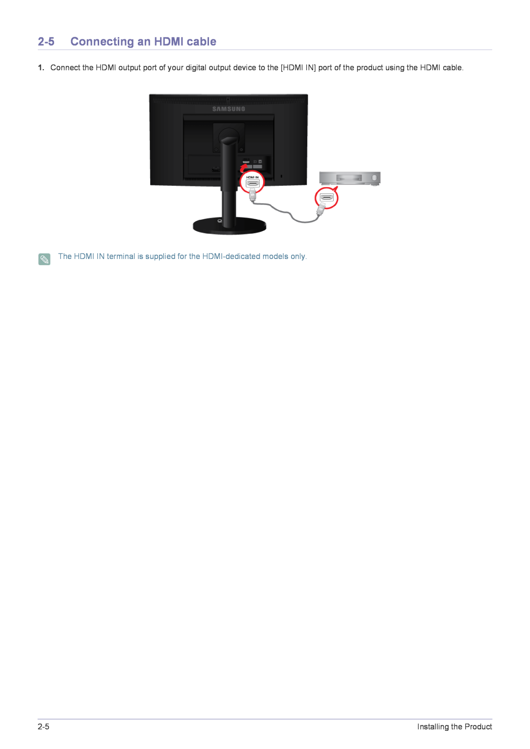 Samsung B2240MWX user manual Connecting an HDMI cable, The HDMI IN terminal is supplied for the HDMI-dedicated models only 