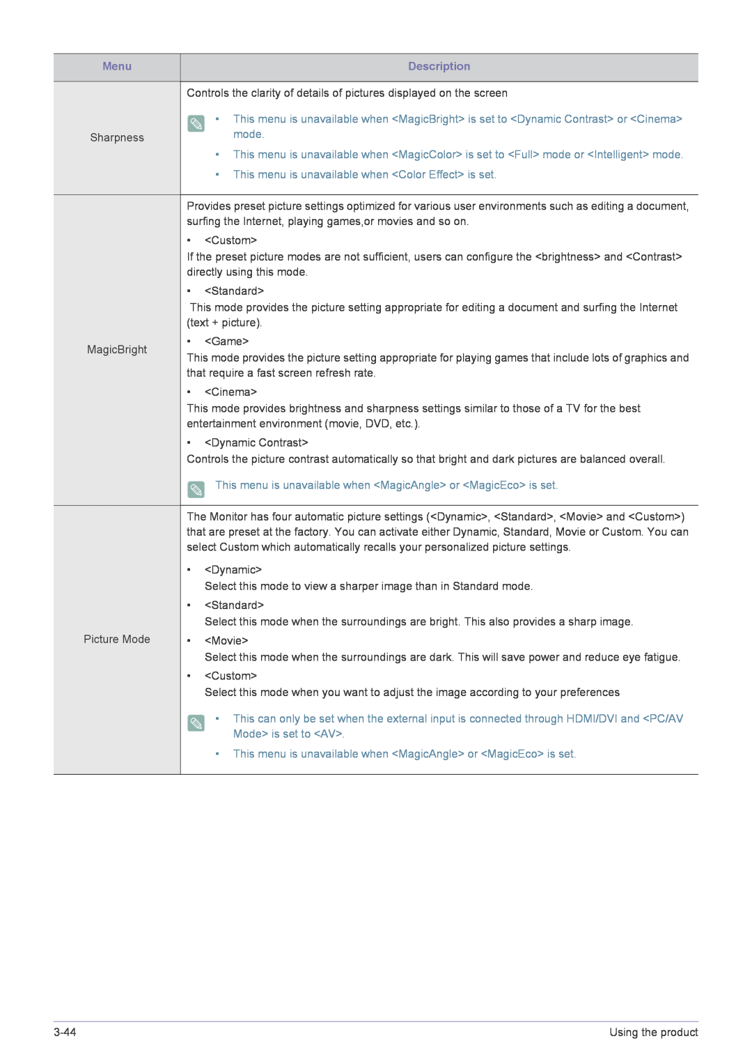 Samsung B2240MWX user manual Menu, Description, This menu is unavailable when Color Effect is set, Mode is set to AV, mode 