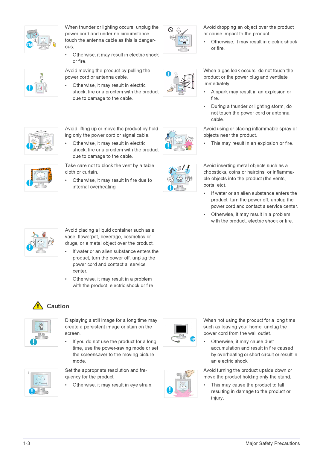 Samsung B2240EW, B2240W, B2240X, B1940MRX, B1940EW, B1940MX, B1940RX, B1740RX, B1940WX user manual Major Safety Precautions 