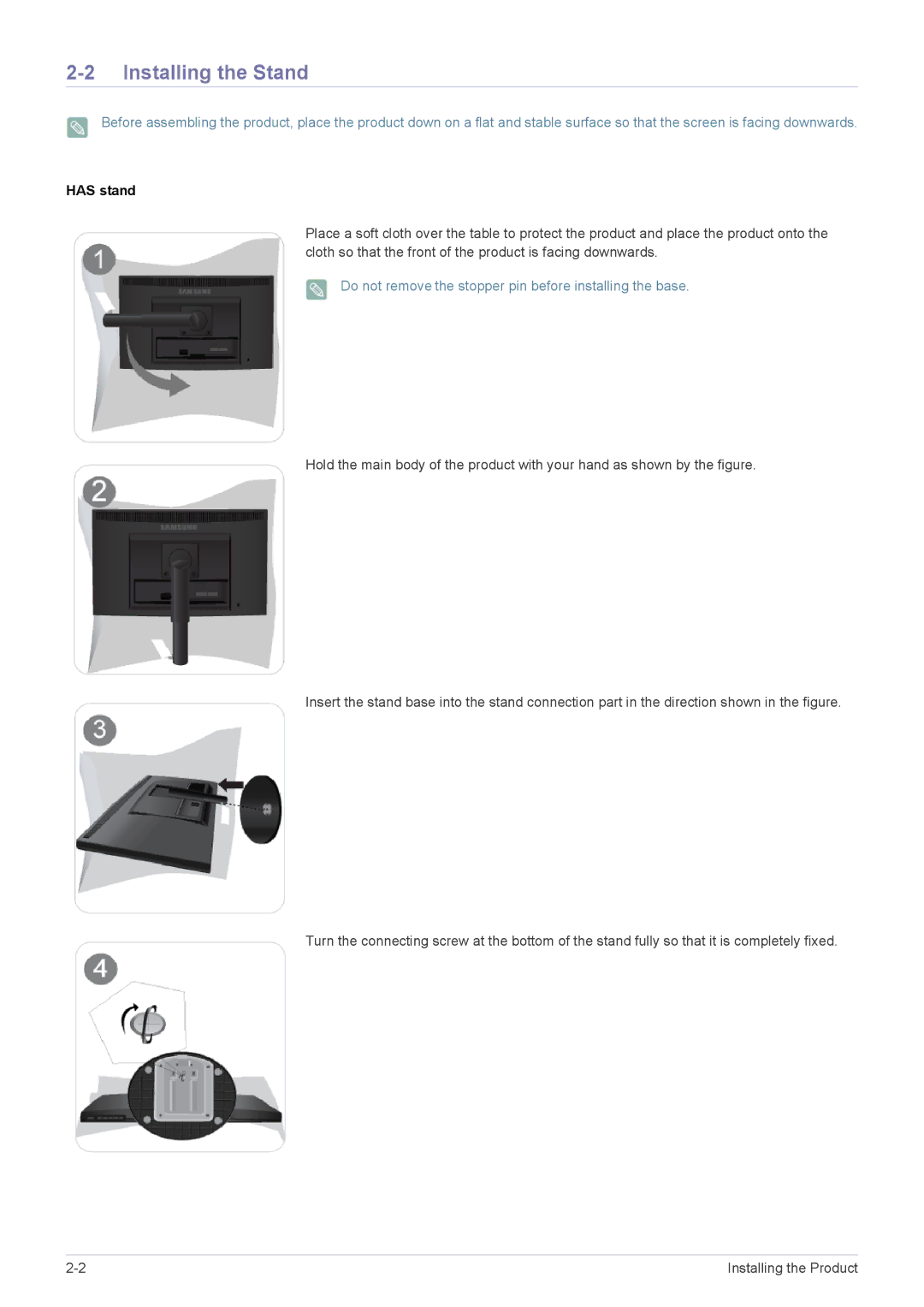 Samsung B2240X, B2240W, B1940MRX, B1940EW, B1940MX, B1940RX, B1740RX, B2240EW, B1940WX Installing the Stand, Has stand 