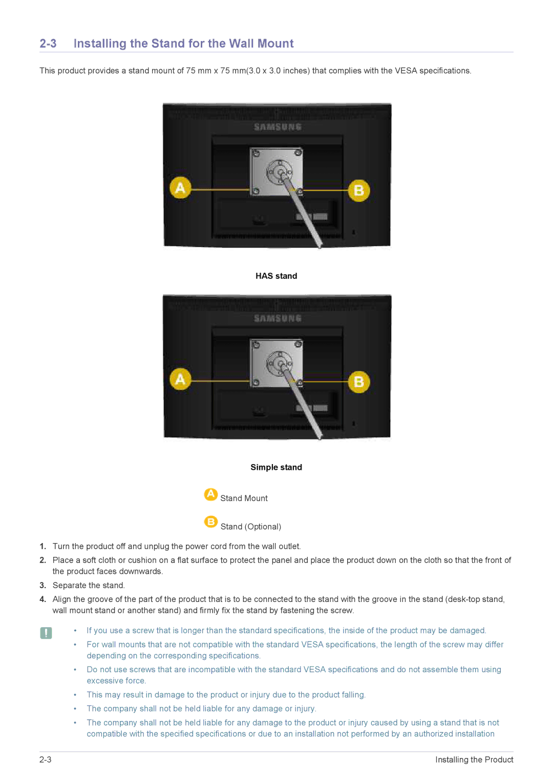 Samsung B1940EW, B2240W, B2240X, B1940R, B1940MRX, B1940MX Installing the Stand for the Wall Mount, Has stand Simple stand 