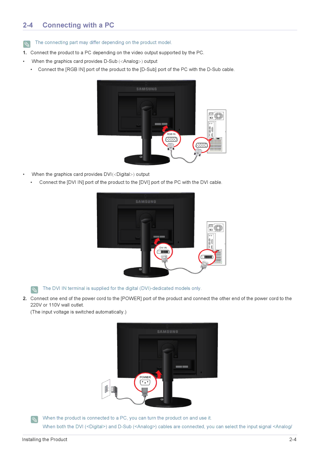 Samsung B2240WX, B2240M user manual Connecting with a PC, Connecting part may differ depending on the product model 