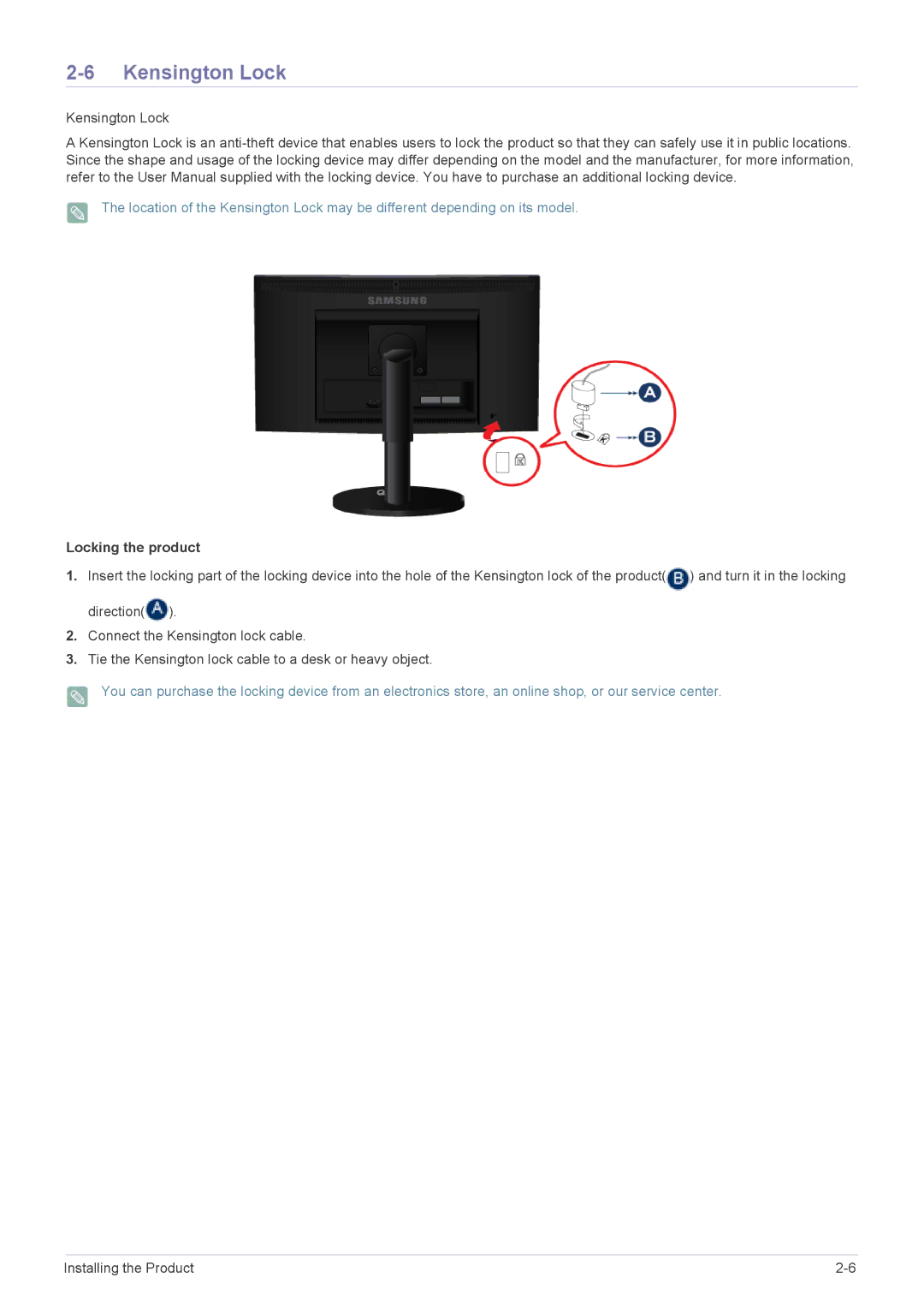 Samsung B2240M, B2240WX user manual Kensington Lock, Locking the product 