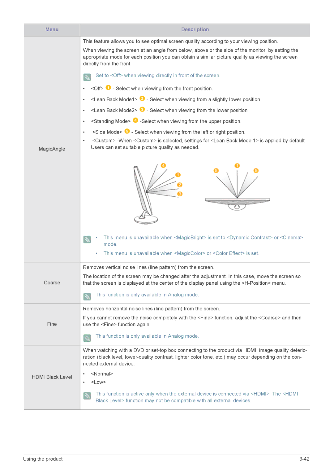 Samsung B2240WX, B2240M user manual Set to Off when viewing directly in front of the screen 