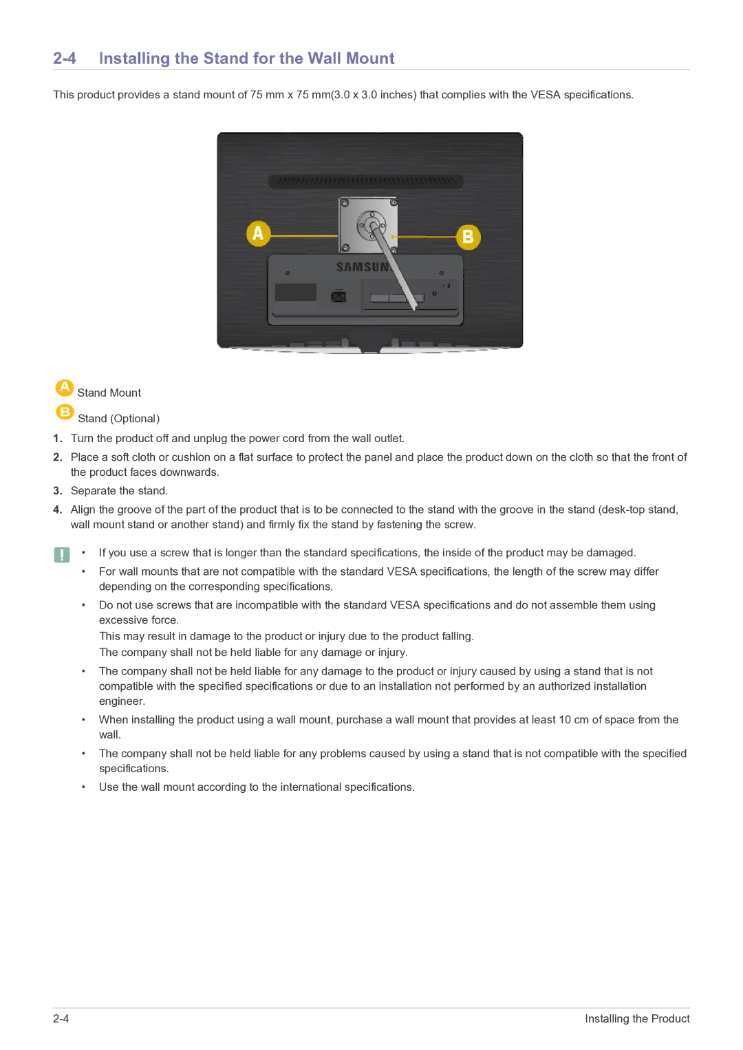 Samsung B1630N, B2330, B2430L, B1930NW, B1730NW, B2230W, B2230N, B2030N user manual Installing the Stand for the Wall Mount 