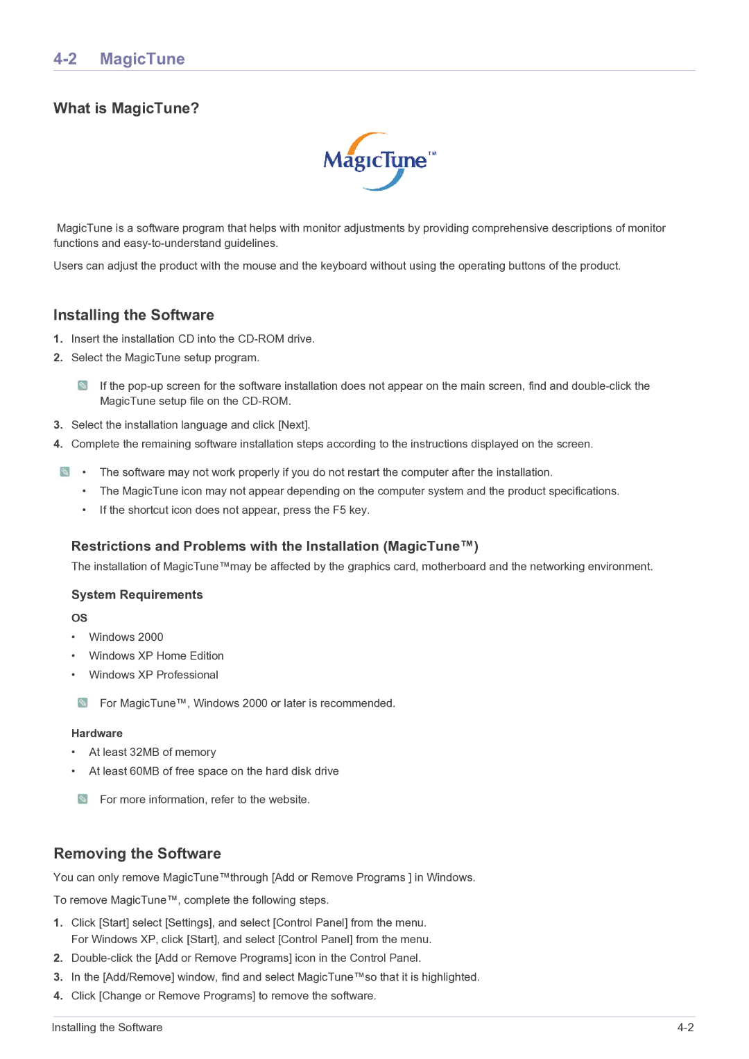 Samsung B1630N, B2330, B2430L, B1930NW, B1730NW, B2230W What is MagicTune?, Installing the Software, Removing the Software 