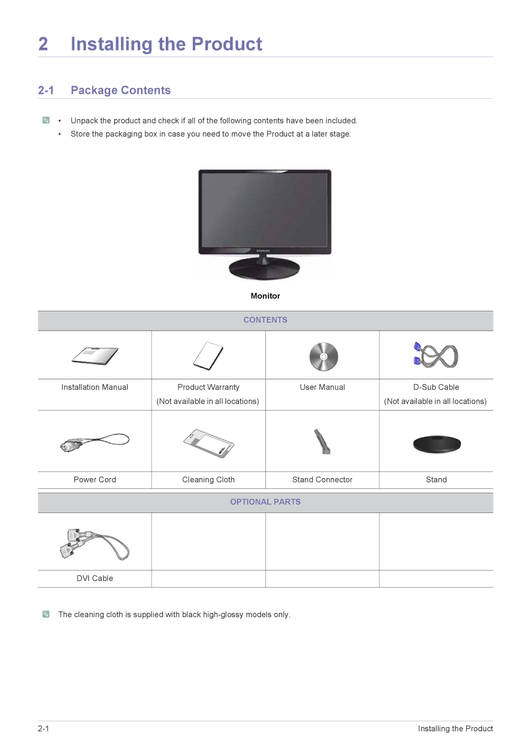 Samsung B2430L, B2330, B1930NW, B1730NW, B1630N, B2230W, B2230N, B2030N user manual Installing the Product, Package Contents 