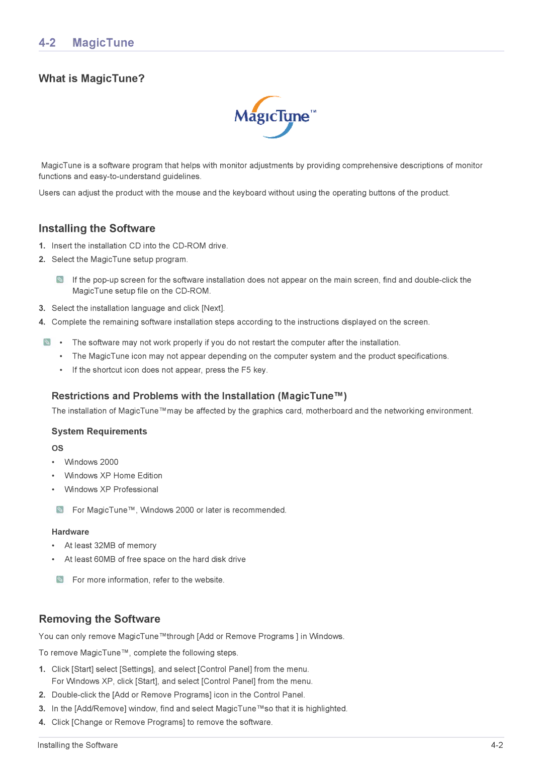 Samsung B1630N, B2330, B2430L, B1930NW, B1730NW, B2230W What is MagicTune?, Installing the Software, Removing the Software 