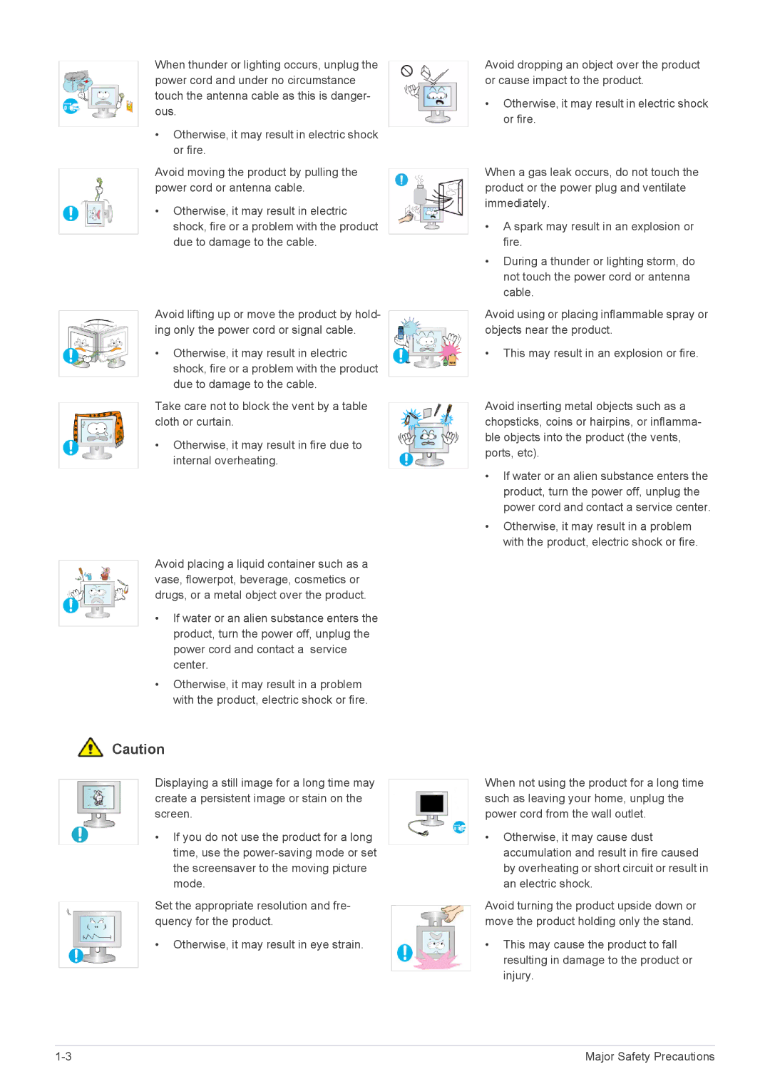 Samsung B2330, B2430L, B1930NW, B1730NW, B1630N, B2230W, B2230N, B2030N user manual Major Safety Precautions 