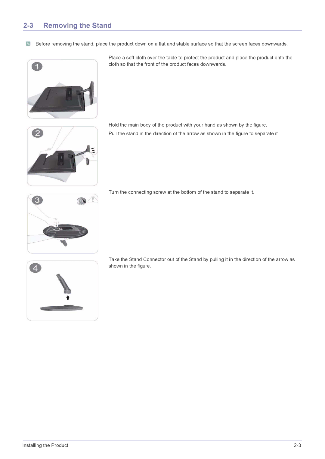 Samsung B2330, B2430L, B1930NW, B1730NW, B1630N, B2230W, B2230N, B2030N user manual Removing the Stand 