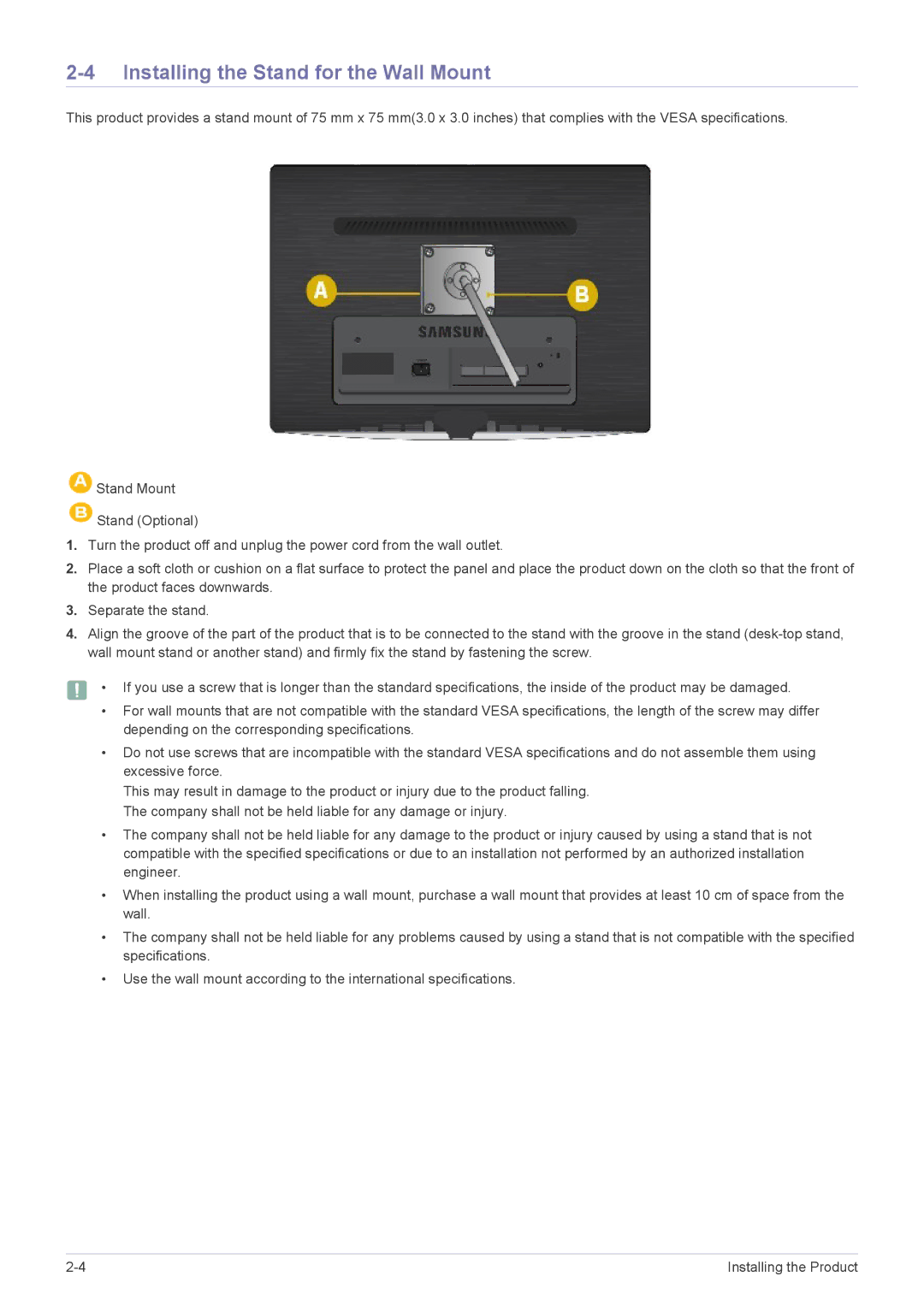 Samsung B1630N, B2330, B2430L, B1930NW, B1730NW, B2230W, B2230N, B2030N user manual Installing the Stand for the Wall Mount 