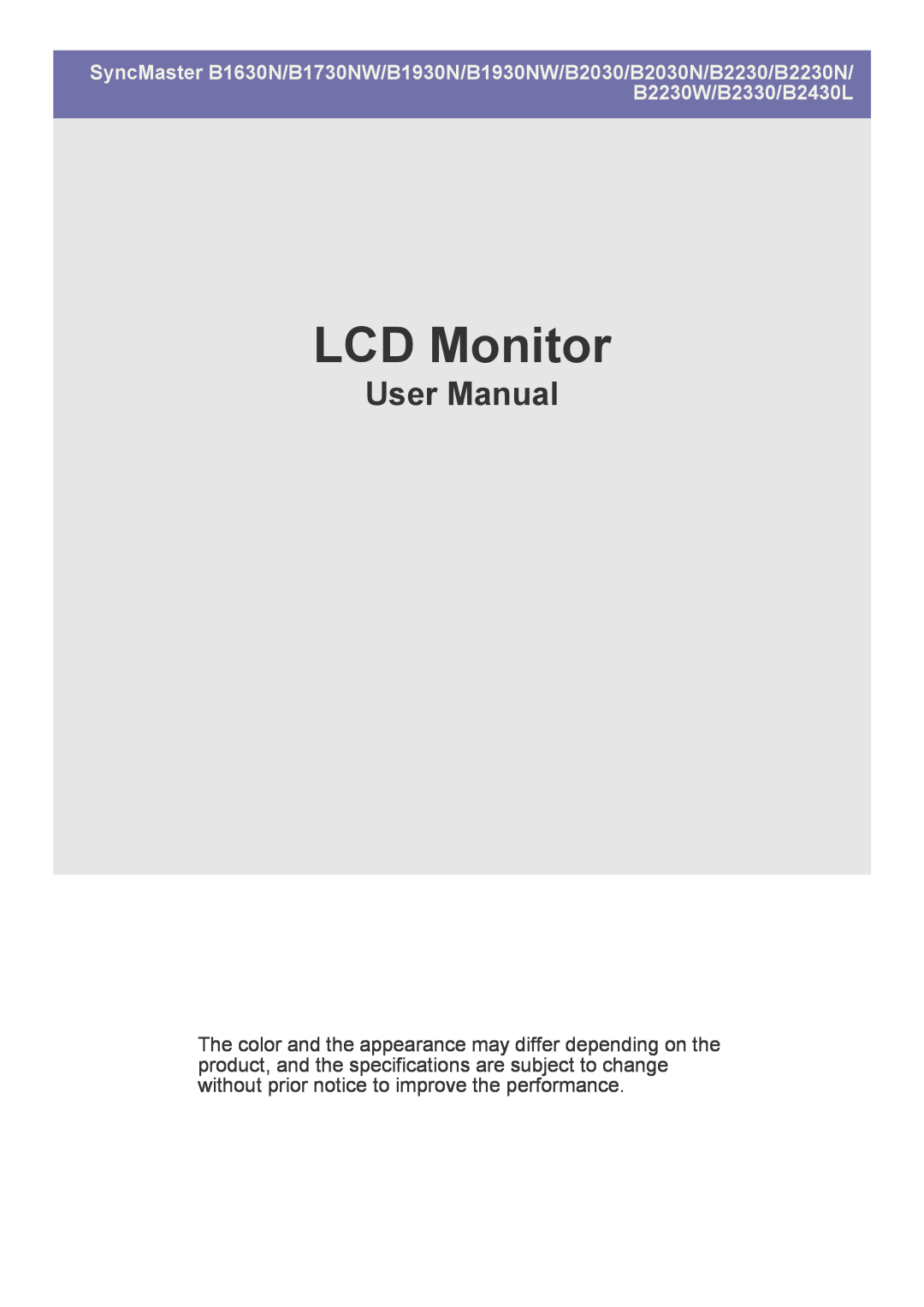Samsung B2430L, B2330, B1930NW, B1730NW, B1630N, B2230W, B2230N, B2030N user manual LCD Monitor, User Manual 