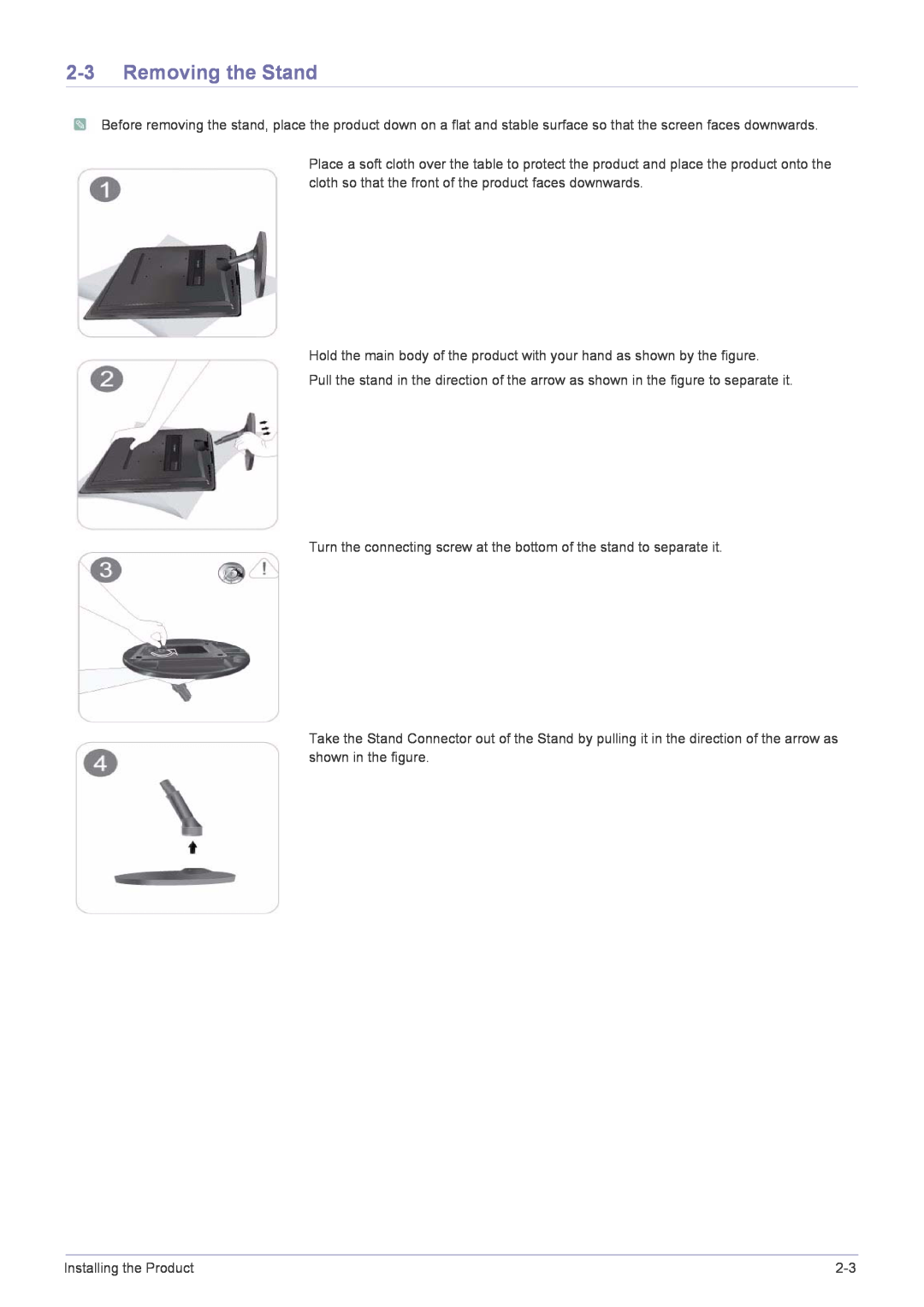 Samsung B2330, B2430L, B1930NW, B1730NW, B1630N, B2230W, B2230N, B2030N user manual Removing the Stand 