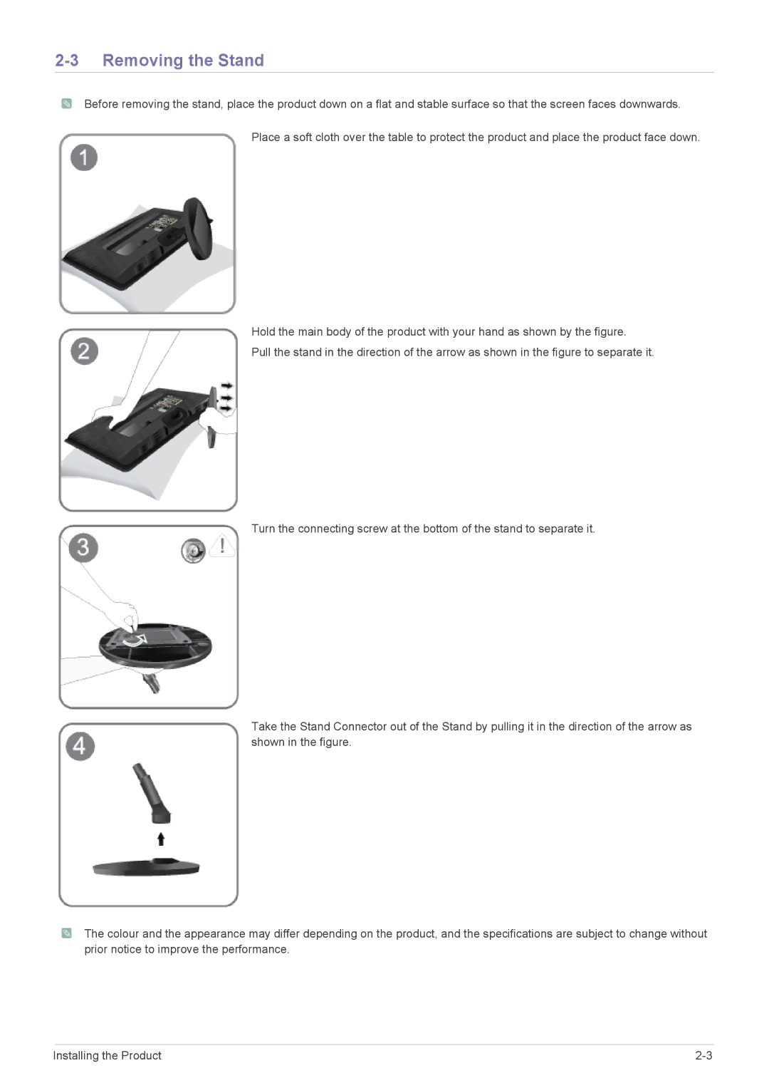 Samsung B2430HD, B2330HD, B1930HD, B2230HD, B2030HD user manual Removing the Stand 