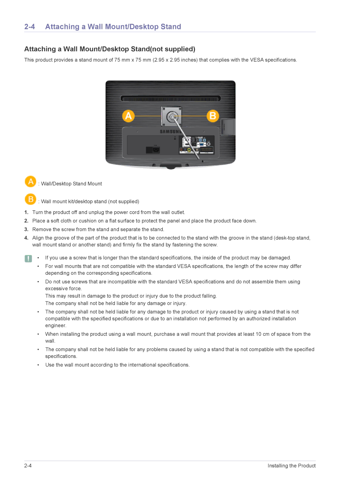 Samsung B1930HD, B2330HD, B2430HD, B2230HD, B2030HD user manual Attaching a Wall Mount/Desktop Standnot supplied 