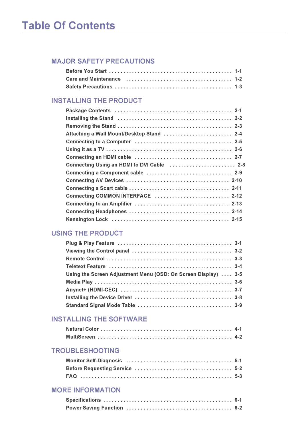 Samsung B1930HD, B2330HD, B2430HD, B2230HD, B2030HD user manual Table Of Contents 