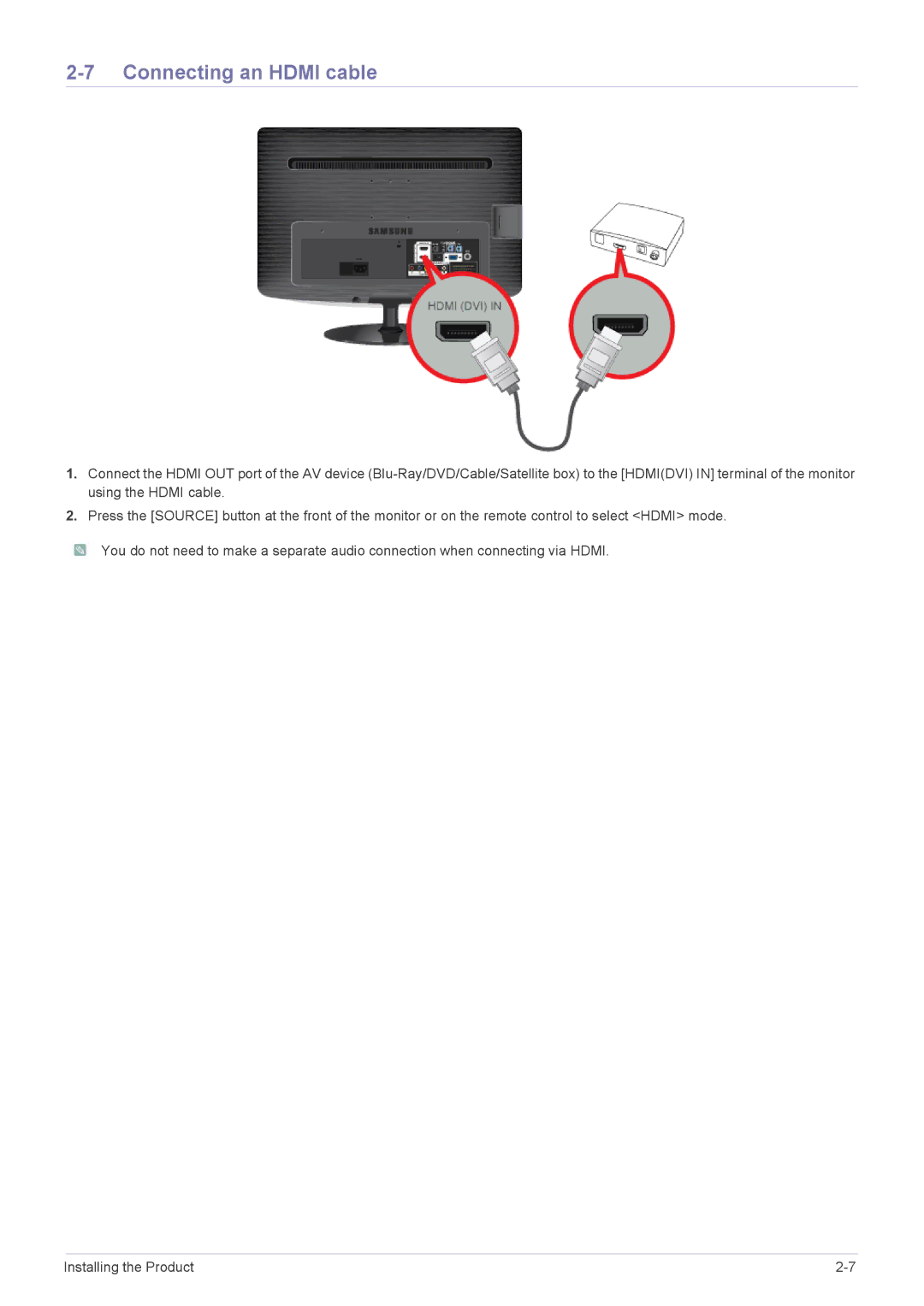 Samsung B1930HD, B2330HD, B2430HD, B2230HD, B2030HD user manual Connecting an Hdmi cable 